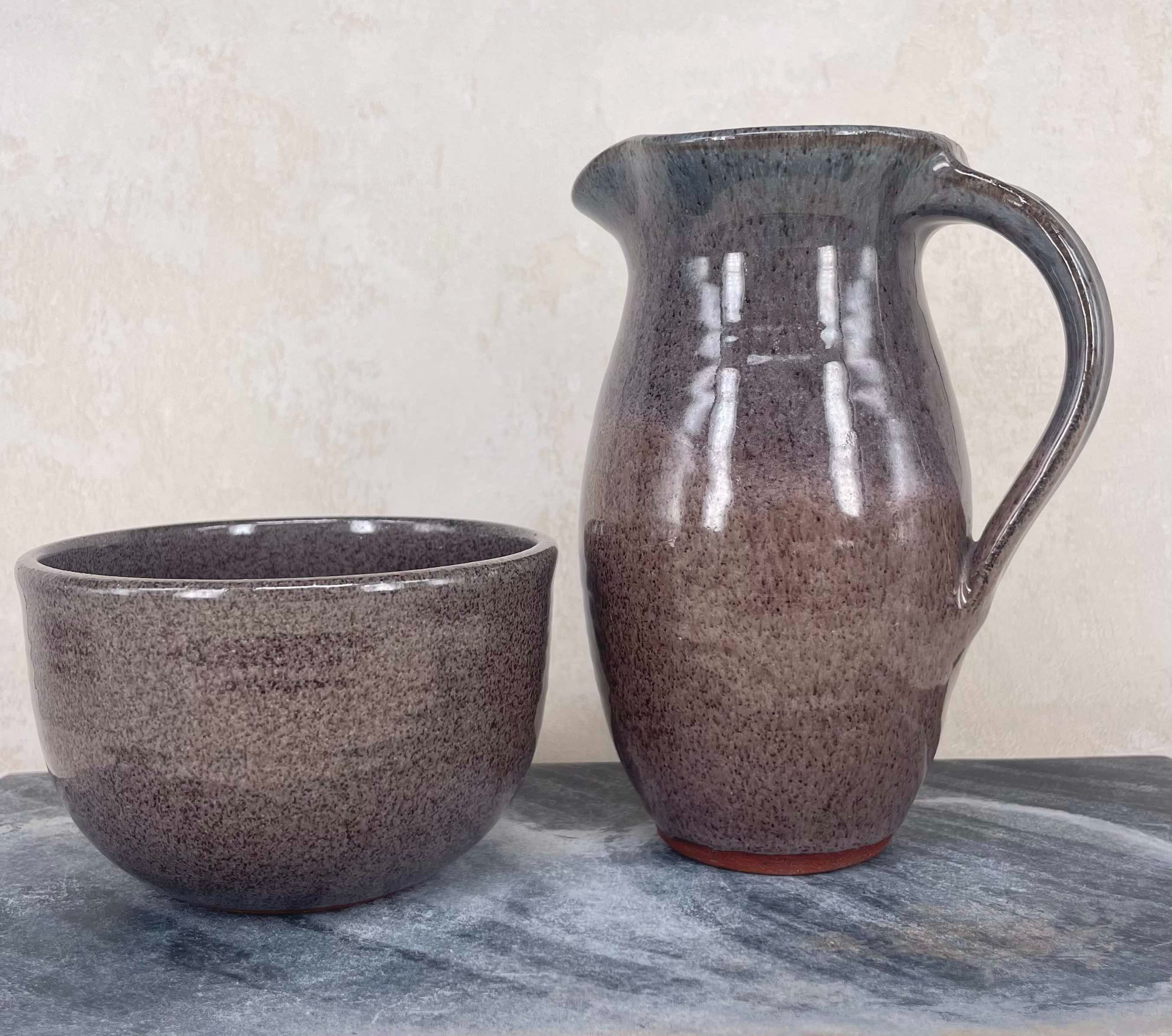 Vintage Studio Pottery Stoneware Jug & Bowl, Mauve Glaze - 2 Piece Set.