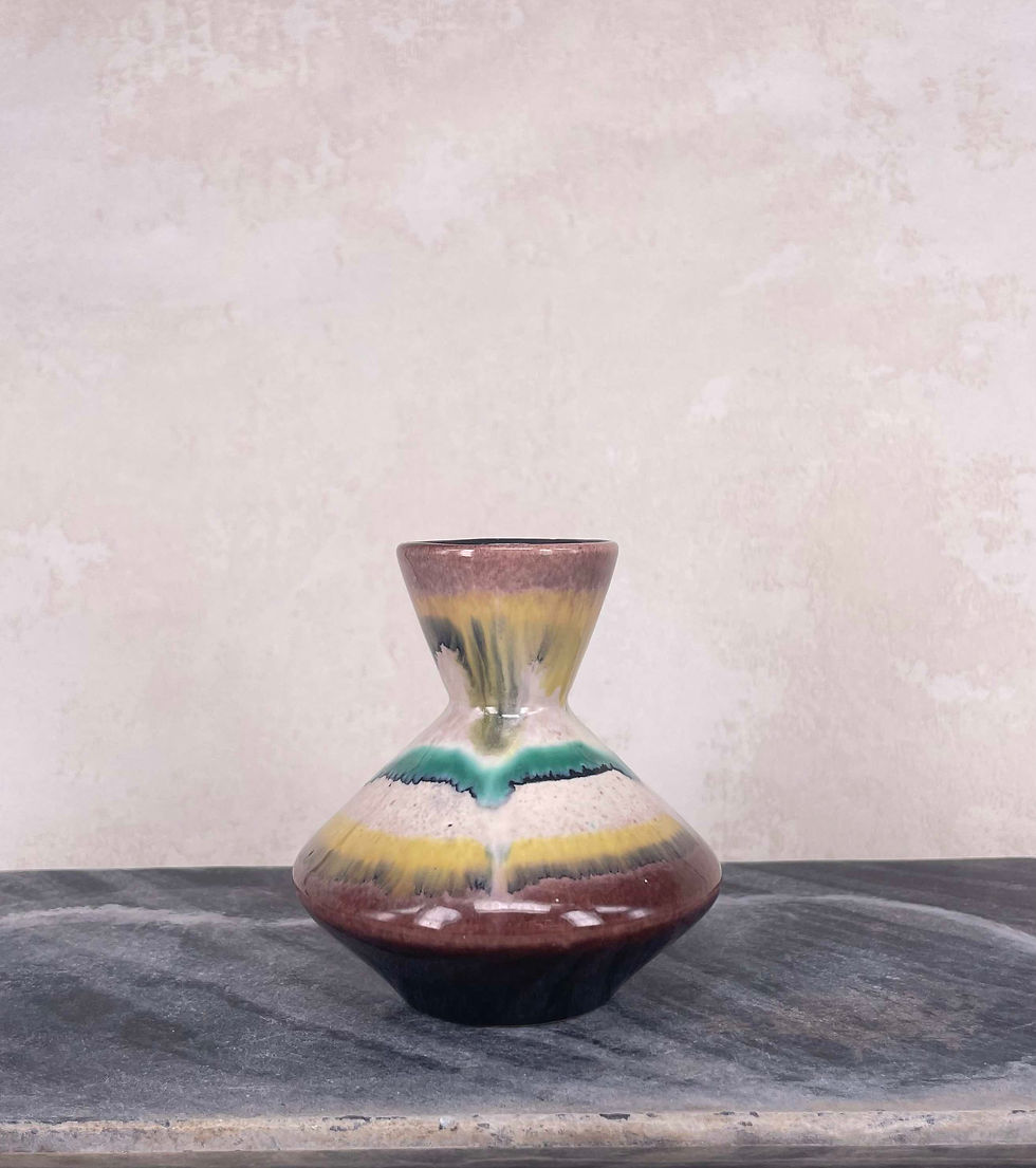 Vintage West German drip glaze vase in mauve, yellow, green black , highly collectable West Germany vintage ceramics.