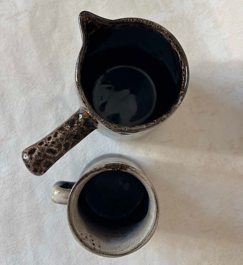Thumbnail: Vintage Studio Pottery Ceramic Pouring Jug & Mug, Brown/Cream Glaze set, Mid Century decor, vintage decor, rustic jug and mug