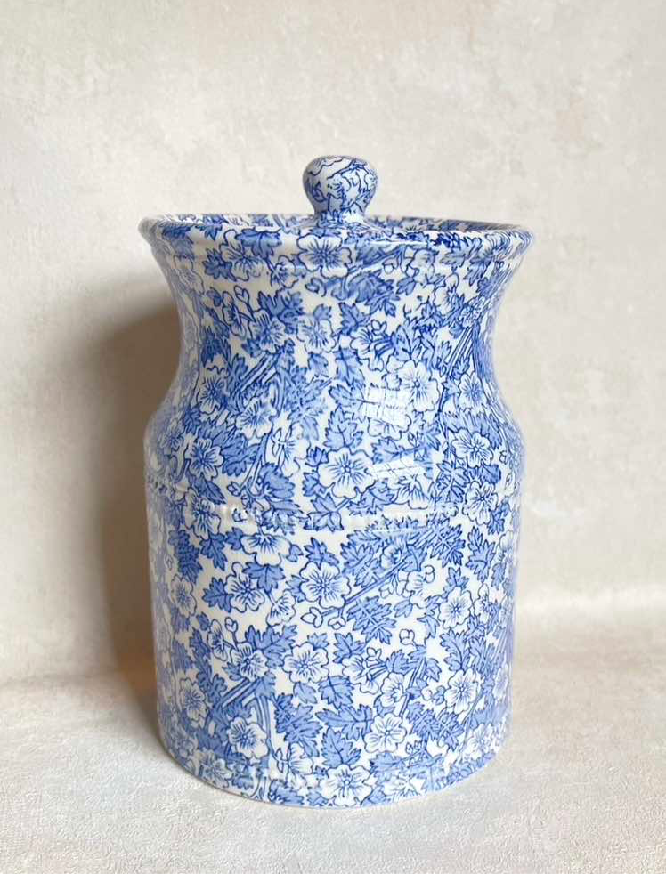 Middleport Pottery, vintage flour canister, english kitchen decor, calico pattern jar, blu and white floral flour jar & lid.