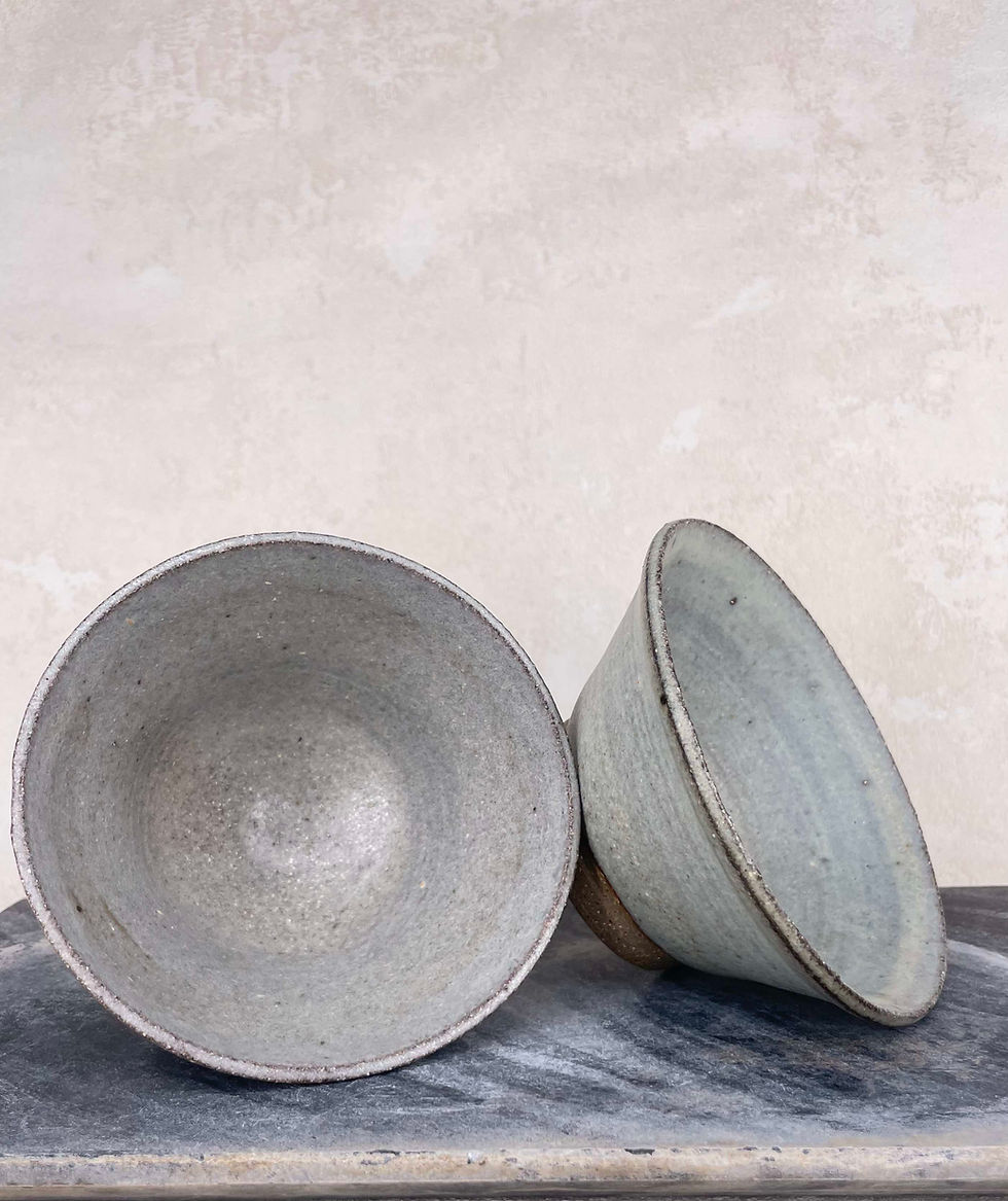 Thumbnail: Caledon glaze, studiop pottery set signed stoneware, wabi sabi style grey earthy natural stone finish, bowls, mugs, rustic.