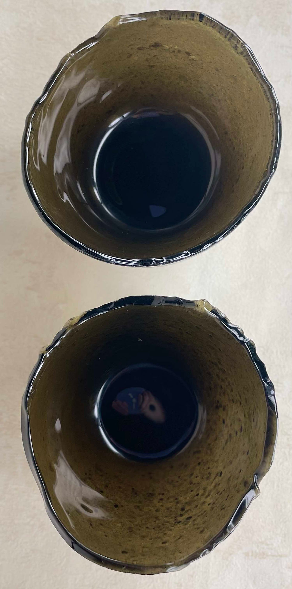 Thumbnail: smokey glass bowls, volcanic ash exterior bowls, matching glass sculptures, vintage studio glass, glass bowls, 2 glass pots.