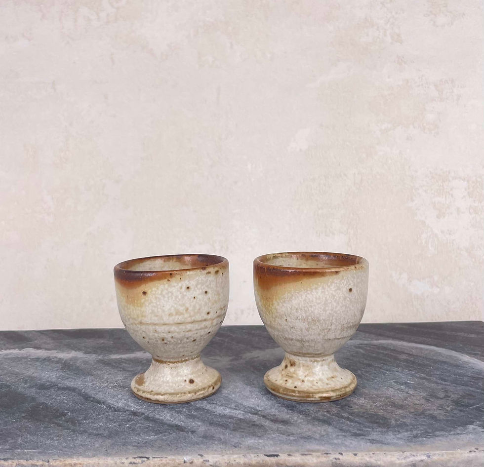 hand thrown studio pottery vintage egg cup goblets, natural speckled stone, circa, 1970's