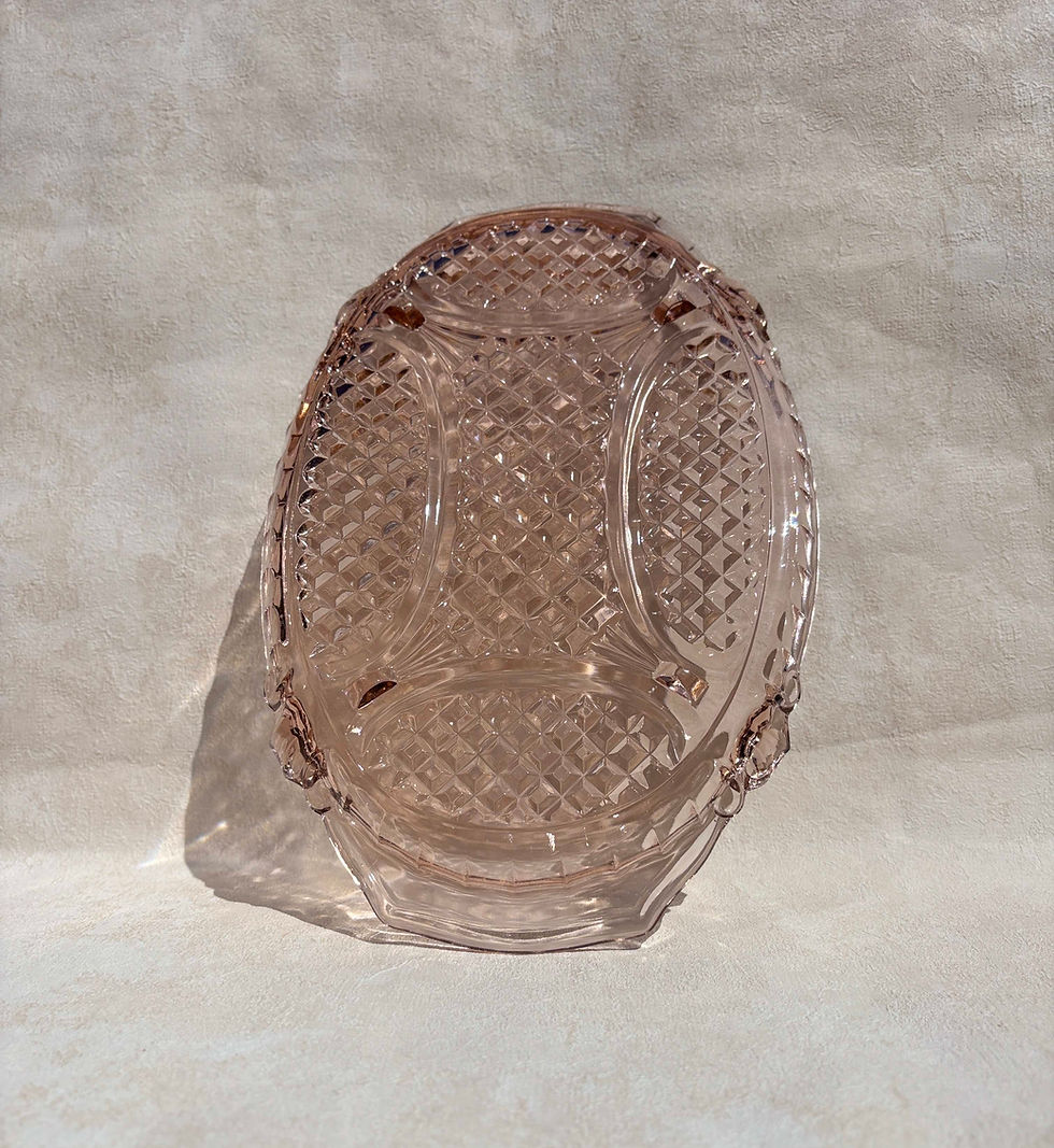 Thumbnail: Vintage Stölzle  Art Deco Blush Pink Pressed Glass Vanity Set  - Set of 4.