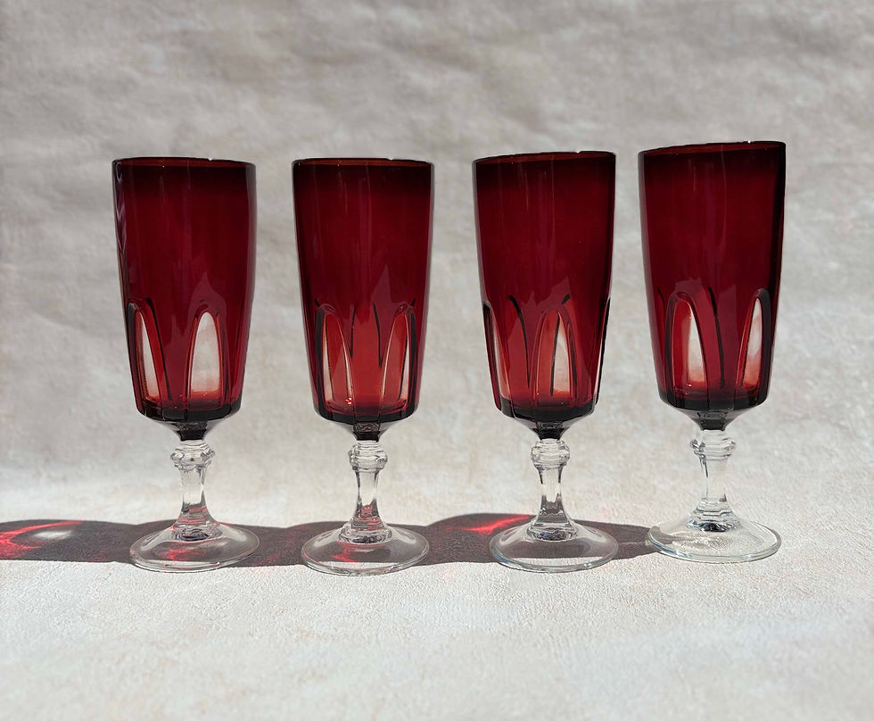 Vintage French Crystal Ruby Glasses by Cristal D'Arques Signed - Set of 4, Luminarc France, red champagne flutes.