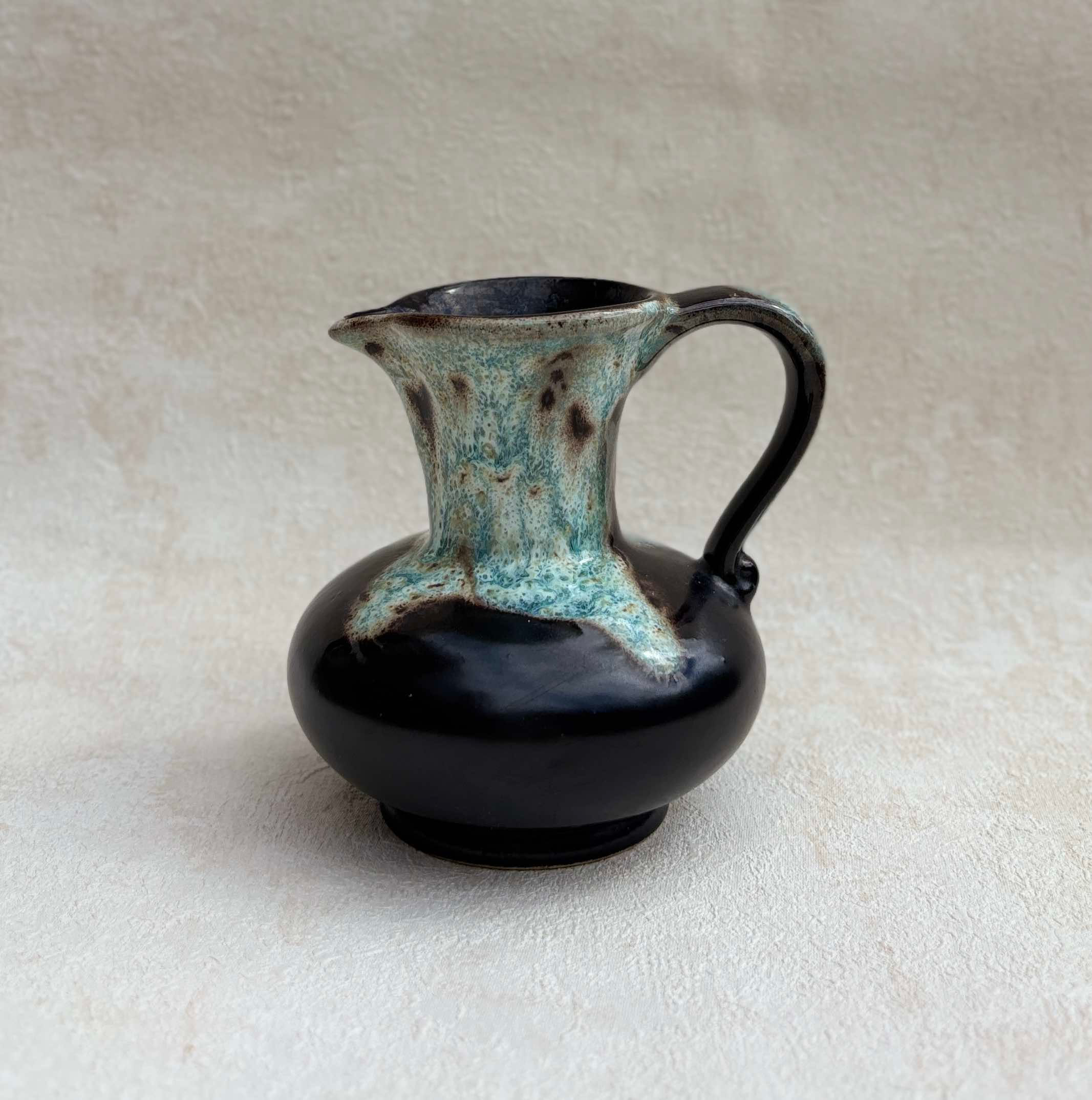 Vintage West German Ceramic Jug, brown & Turquoise Drip Glaze, stamped base, West German Pottery, retro decor.