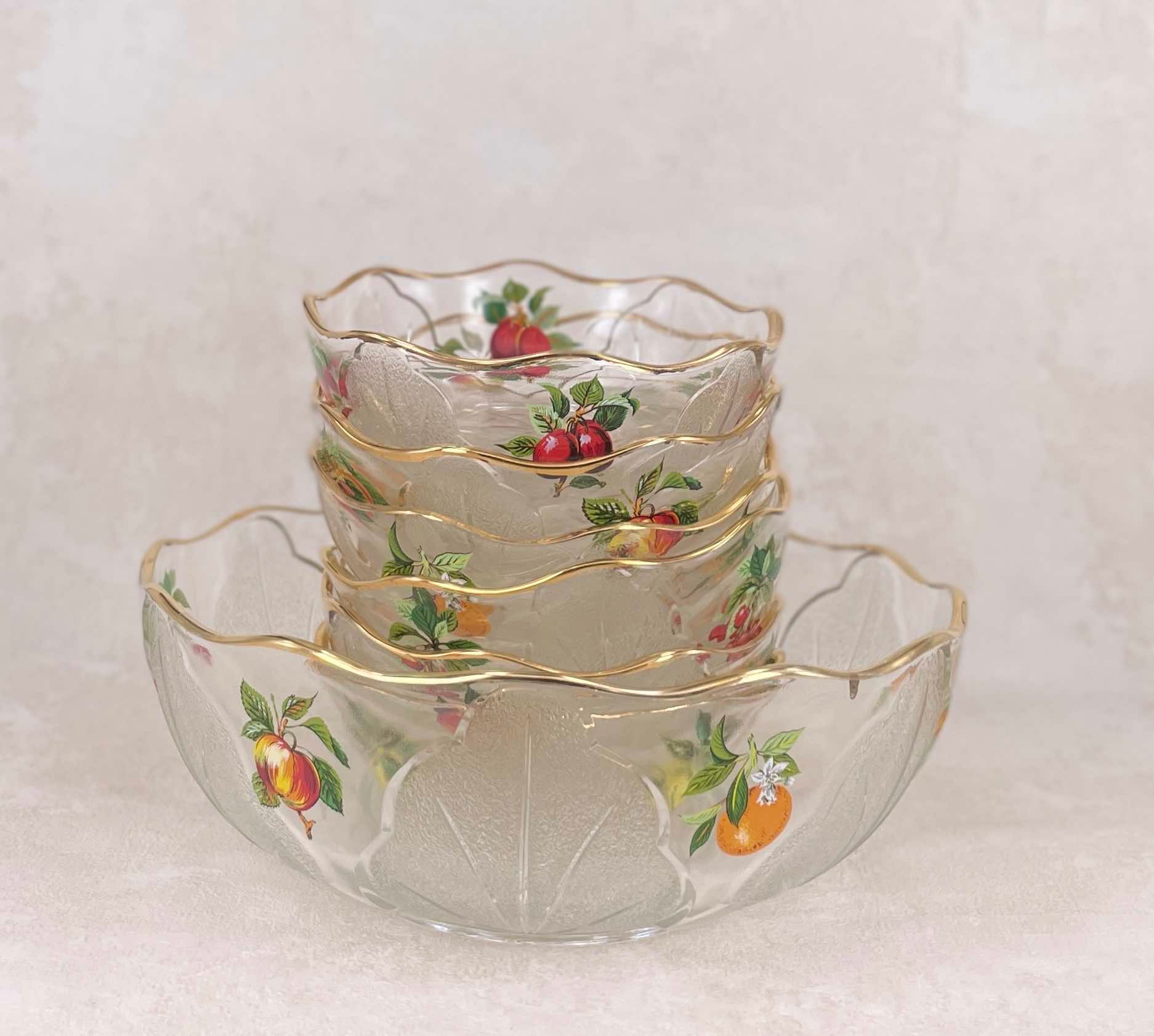 Vintage set of clear glass bowls with fruit design, 7 piece set retro nesting bowls with hand applied colourful fruit design