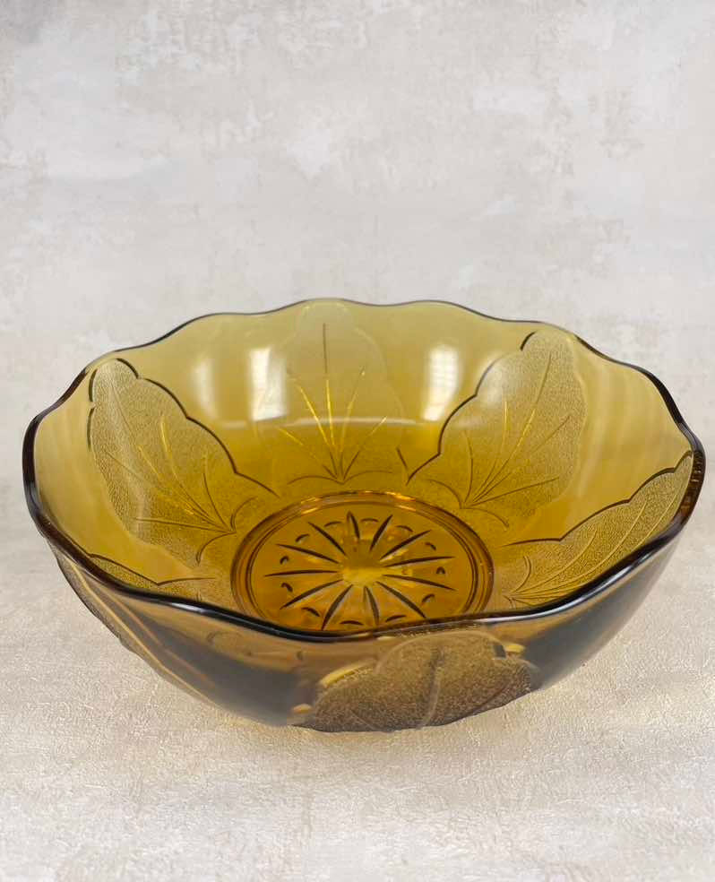 Thumbnail: Retro amber glass bowl, iconic leaf design, by  Sowerby, Ravenhead