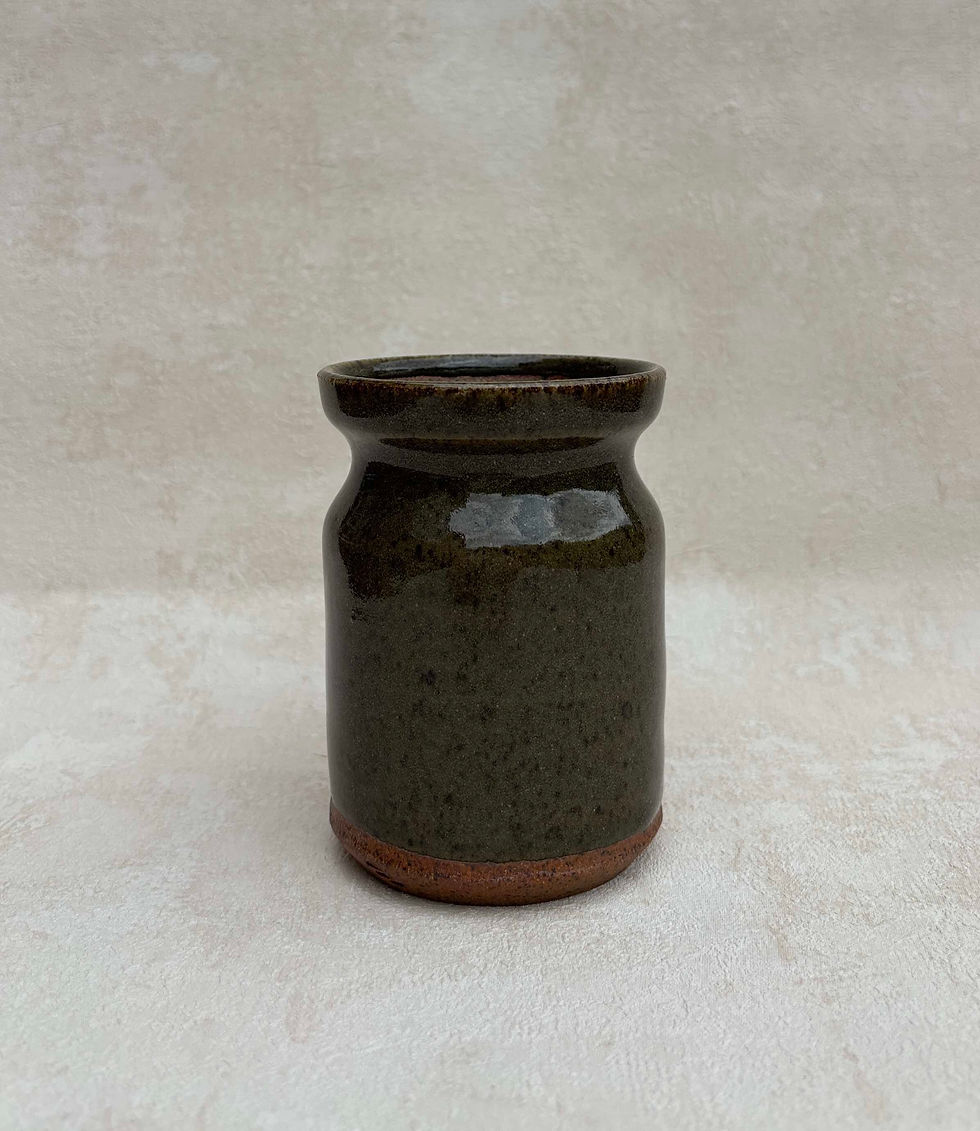 Thumbnail: Vintage Studio Pottery Ceramic Vessel, Green Speckled Glaze - Signed. Green glaze pottery, vintage ceramics, handmade jar.