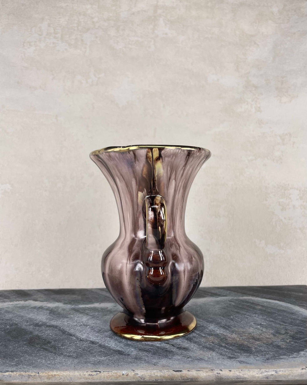 Thumbnail: Vase Urn Vintage German Pottery C. 1950's Gold gilding around edges , burgundy and brown cream drip glaze, Carstens, Bay.