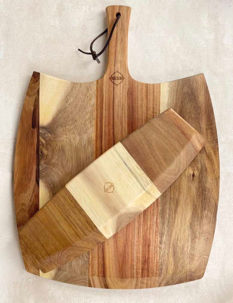 Thumbnail: Acacia wooden serving board, pizza serving board, acacia wooden pizza cutter, acacia pizza set, wooden pizza board.