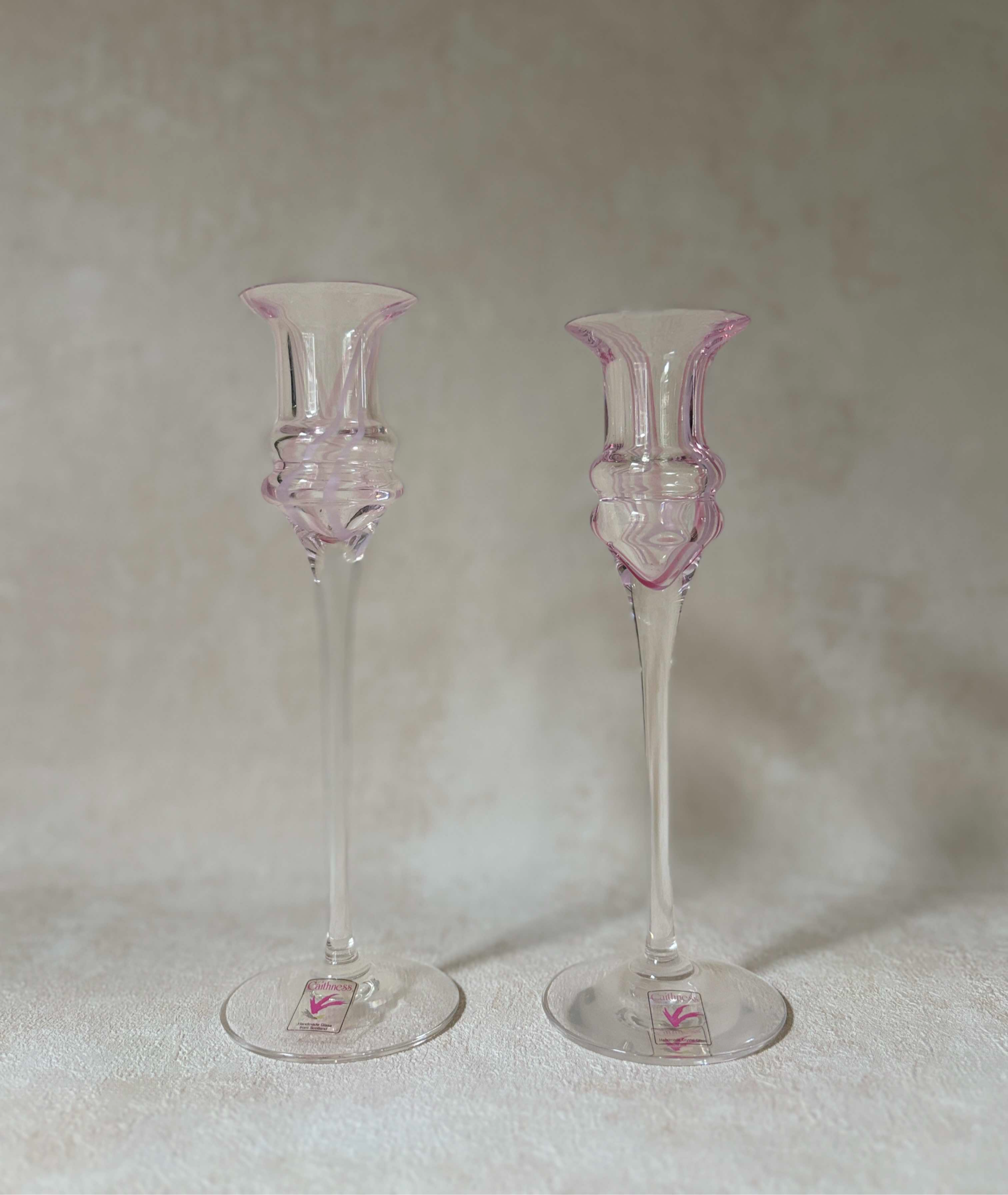 Vintage Caithness Art Glass 2 x Candle Holders Clear /Pink/ White Spiral, modern interior decor.