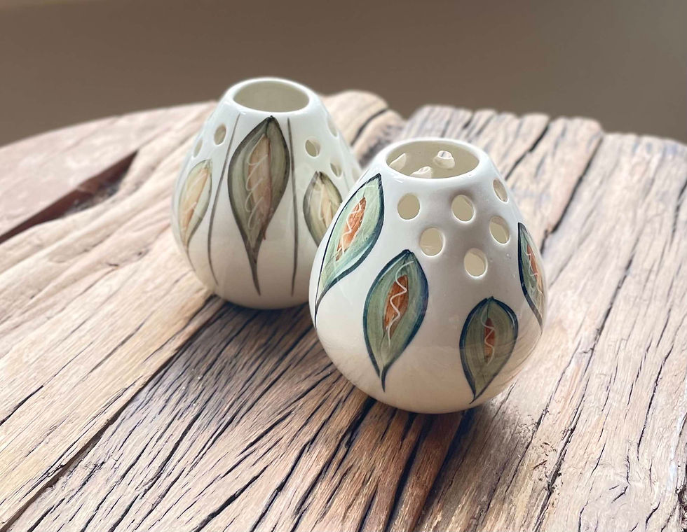 Thumbnail: Mid Century bud Pose vase by Jersey Pottery, matching pair of vintage ceramic vases.