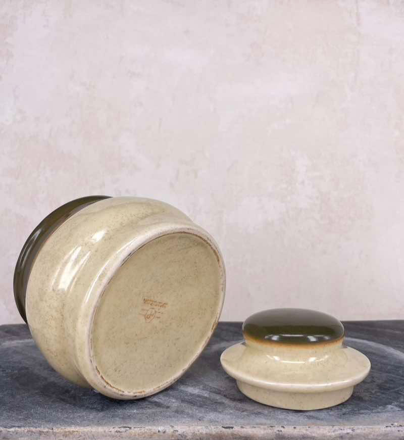 Thumbnail: Polish stoneware pot, Vintage kitchen jar with lid, rustic olive and cream pot, rustic kitchen decor, stoneware sugar pot