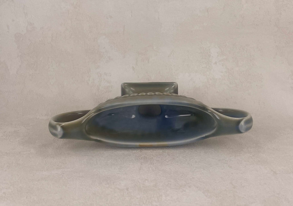 Thumbnail: Vintage Wade Irish Porcelain vase. Light blue and olive drip glaze collectable vase.