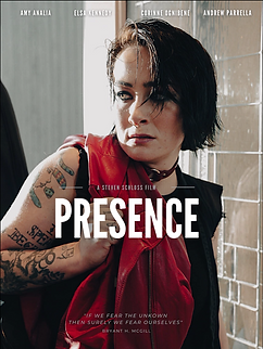 A poster featuring Elsa Kennedy's character for the short narrative film PRESENCE, directed by Steven Schloss