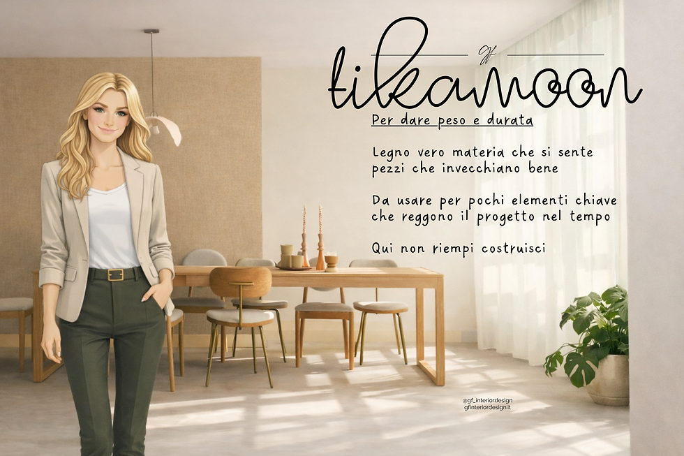 Jeffe, la doll di GF Interior Design, in una sala da pranzo con tavolo e sedie in legno massello, esempio di elementi chiave durevoli nel progetto d’interni.