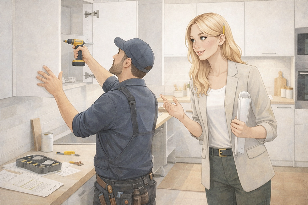 Interior designer segue il montaggio di una cucina, collaborando con il montatore per adattamenti su misura e corretta installazione.