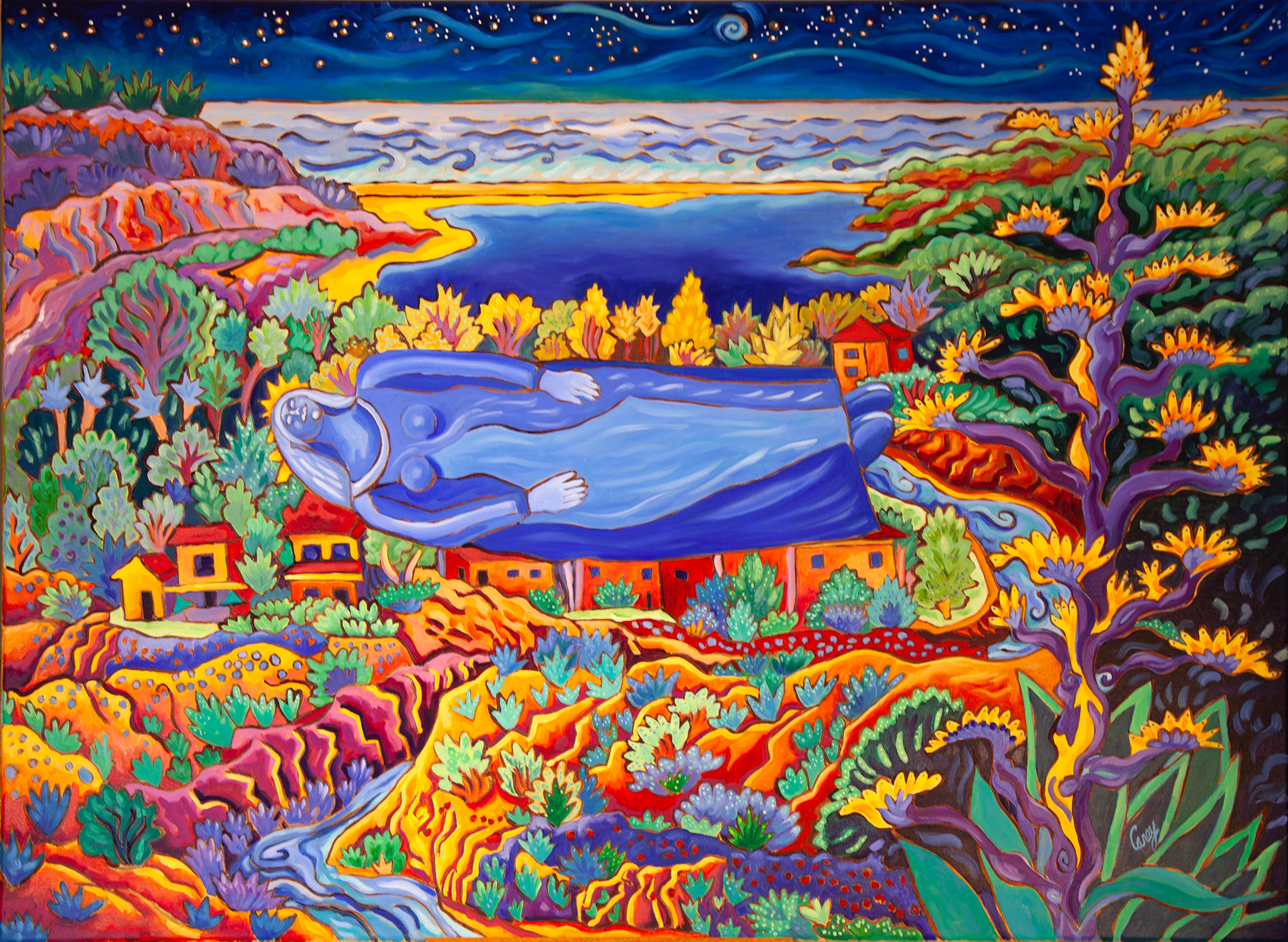 Dreaming figure floats in front of vibrant night scene painted with expressive color.