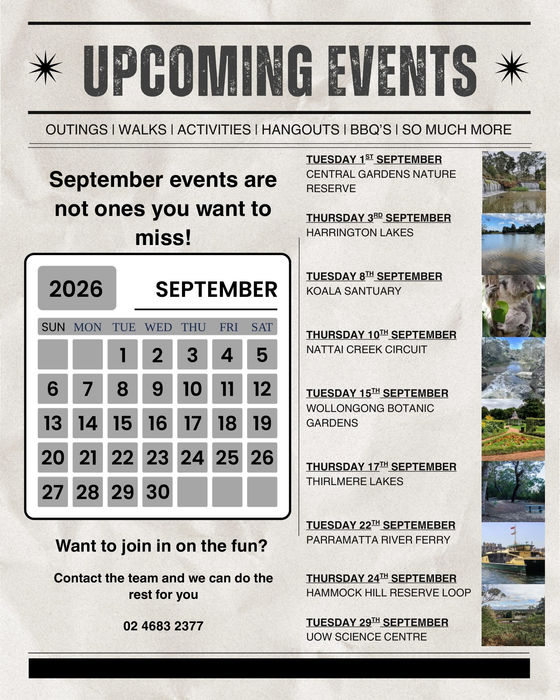 Upcoming September events: nine walks and outings. Ring 02 4683 2377 to join in