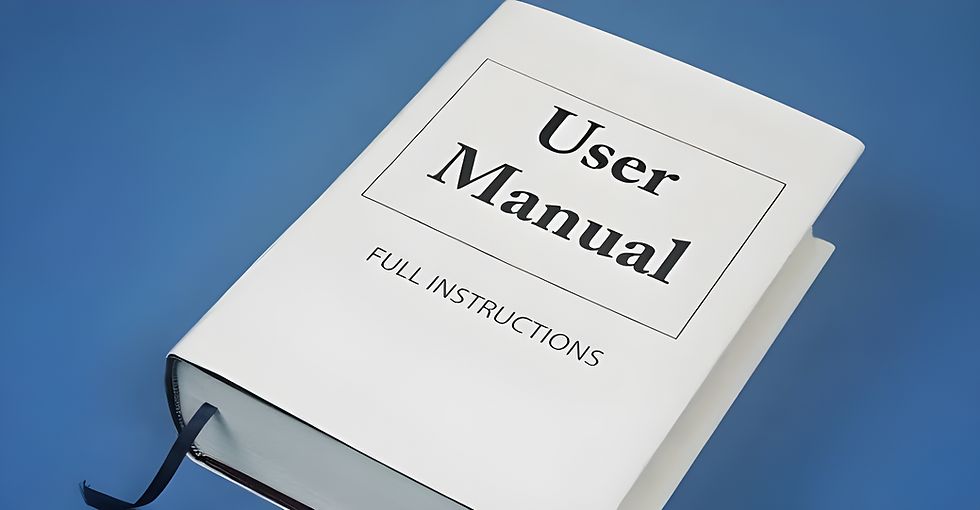 Studio photography, a closed user manual book. Its cover reads 'User Manual: Full Instructions'.