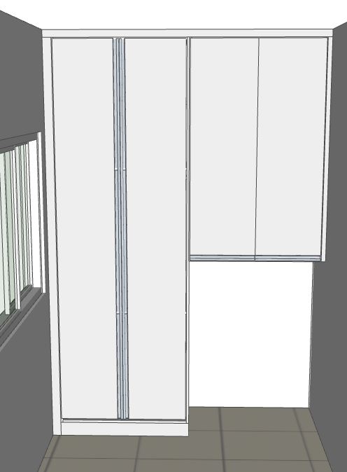 Guarda-roupa planejado com vão para cama de solteiro no bairro Palmeiras BH. MDF Branco TX, 4 portas e 4 gavetas internas.