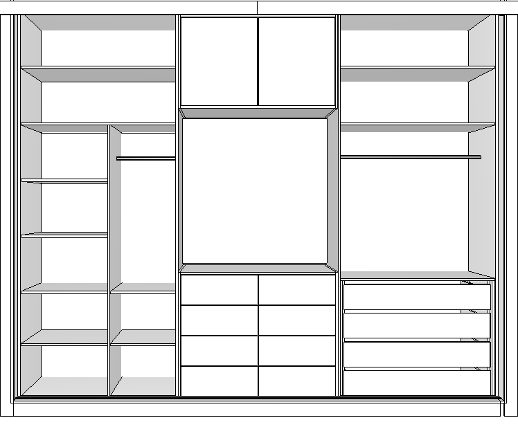 Projeto renderizado Guarda roupa 3 portas de correr 8 gavetas prateleiras e cabide