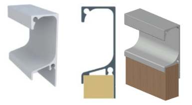 Perfis de borda para móveis em branco e cinza, acima de um armário de cozinha moderno com gavetas e portas brancas. Fundo neutro.