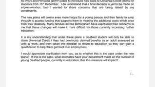 Cllr Sharon Thompson raises concerns about Tory Government plans to cut disability support