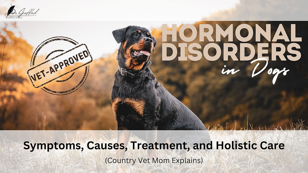 Rottweiler in a field with "Hormonal Disorders in Dogs. Country Vet Mom Explains" text. Vet-approved stamp. Autumn background. Informative, calm mood.