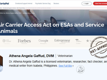 Certapet webpage on Air Carrier Access Act for ESAs. Features a vet-approved stamp, profile of Dr. Athena Gaffud, and company logos.
