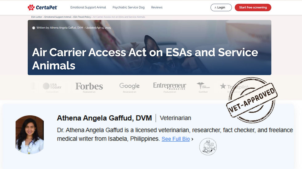 Certapet website features "Air Carrier Access Act on ESAs and Service Animals" article by Athena Angela Gaffud, DVM, marked "Vet-Approved."