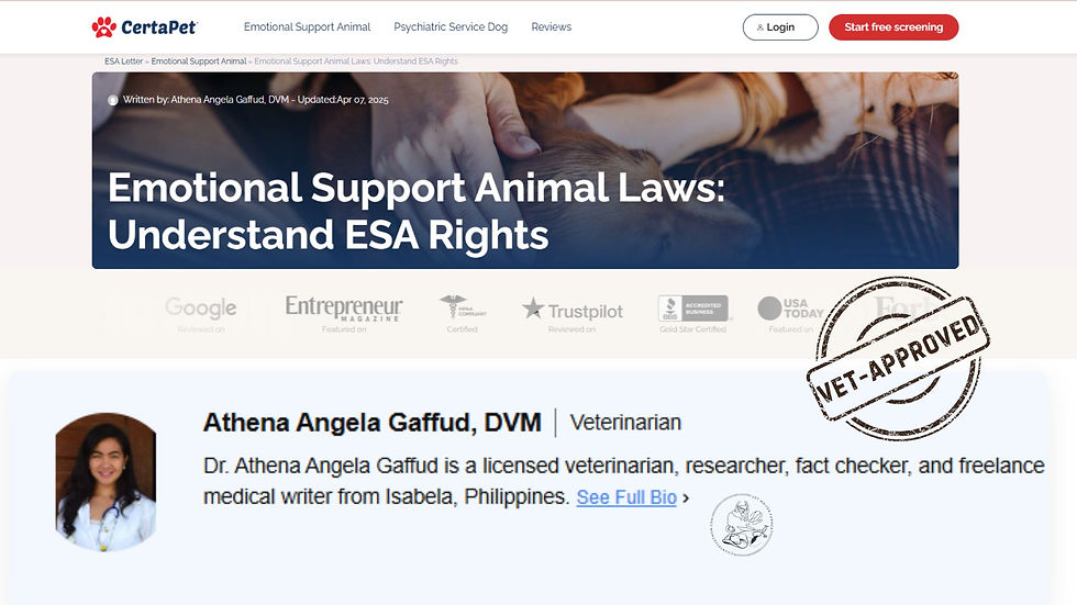 Website showing "Emotional Support Animal Laws: Understand ESA Rights" with vet-approved stamp. Features Dr. Athena Angela Gaffud, DVM.