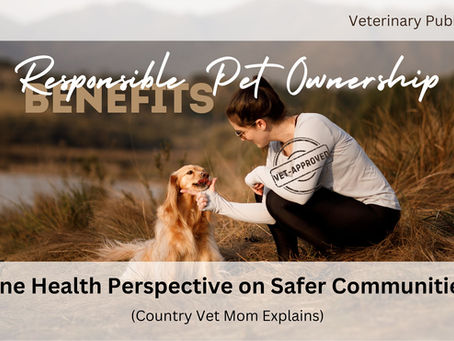 Woman and golden dog in a grassy field, smiling. Text: "Veterinary Public Health | Responsible Pet Ownership: One Health Perspective on Safer Communities (Country Vet Mom Explains). Vet-Approved".