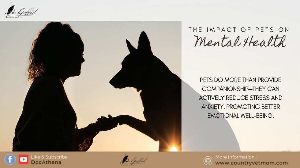 Silhouette of a woman and a dog holding paws at sunset. Text: "The Impact of Pets on Mental Health." Promotes reducing stress and anxiety.