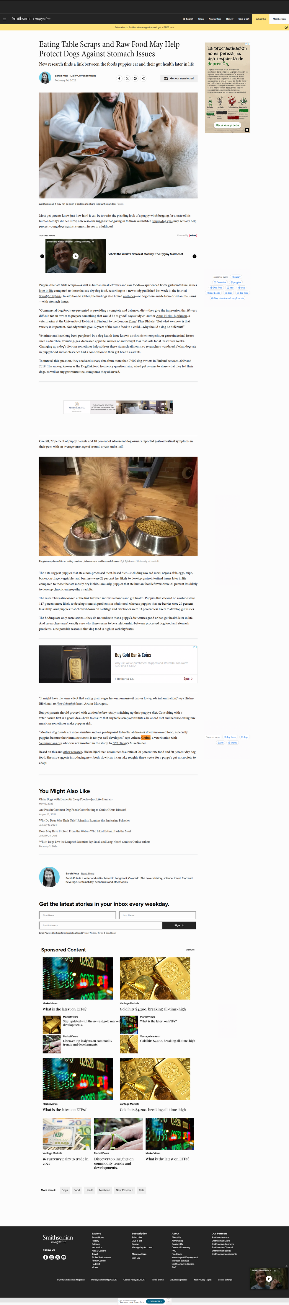 Screen shot of the article "Eating Table Scraps and Raw Food May Help Protect Dogs Against Stomach Issues"