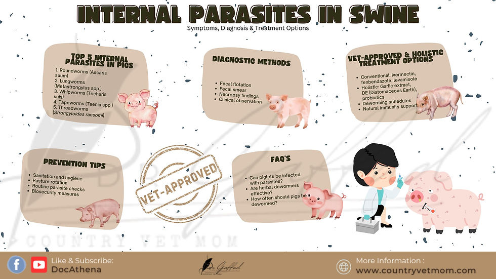 Cartoon vet treats pigs. Lists on parasites, methods, treatments, and prevention tips. "Vet-Approved" badge. Text: www.countryvetmom.com.