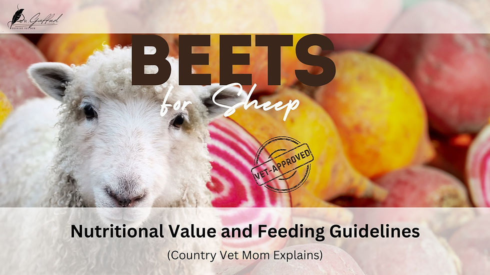 Sheep in front of colorful beets. Text reads "BEETS for Sheep: Nutritional Value and Feeding Guidelines (Vet Mom Explains)." Vet-approved stamp.