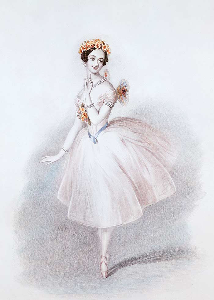 Graceful ballerina in a white dress and floral crown poses on a soft gray-white background, looking serene.