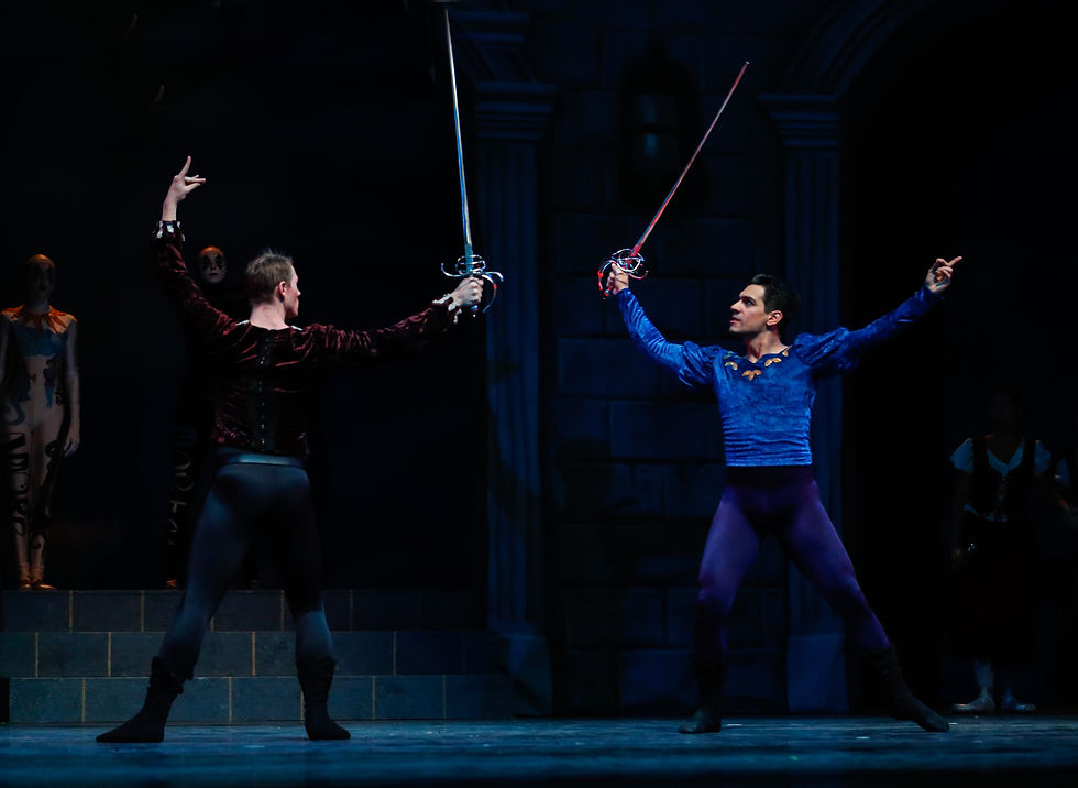 Two male stage performers in blue and maroon costumes duel with swords on a dark, moody theater stage.