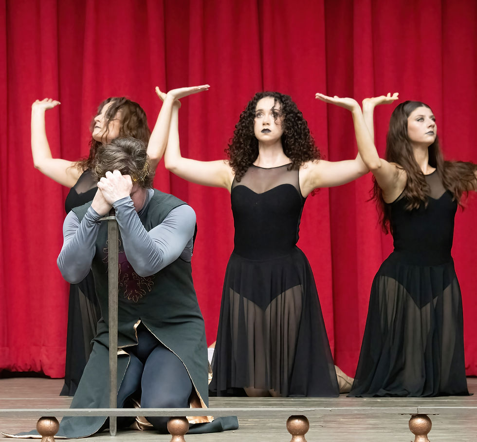 Alexander Collen as Macbeth with Lindsey Bell, Catherine Welch, and Victoria Sanzotera. Photo by John Maloney