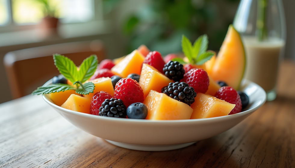 AI generated image of a colourful summer fruit salad bowl with berries, melon, and citrus slices