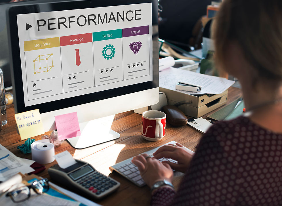 Person typing at a desk with a “Performance” chart on a computer screen, featuring levels from Beginner to Expert. Office clutter visible.
