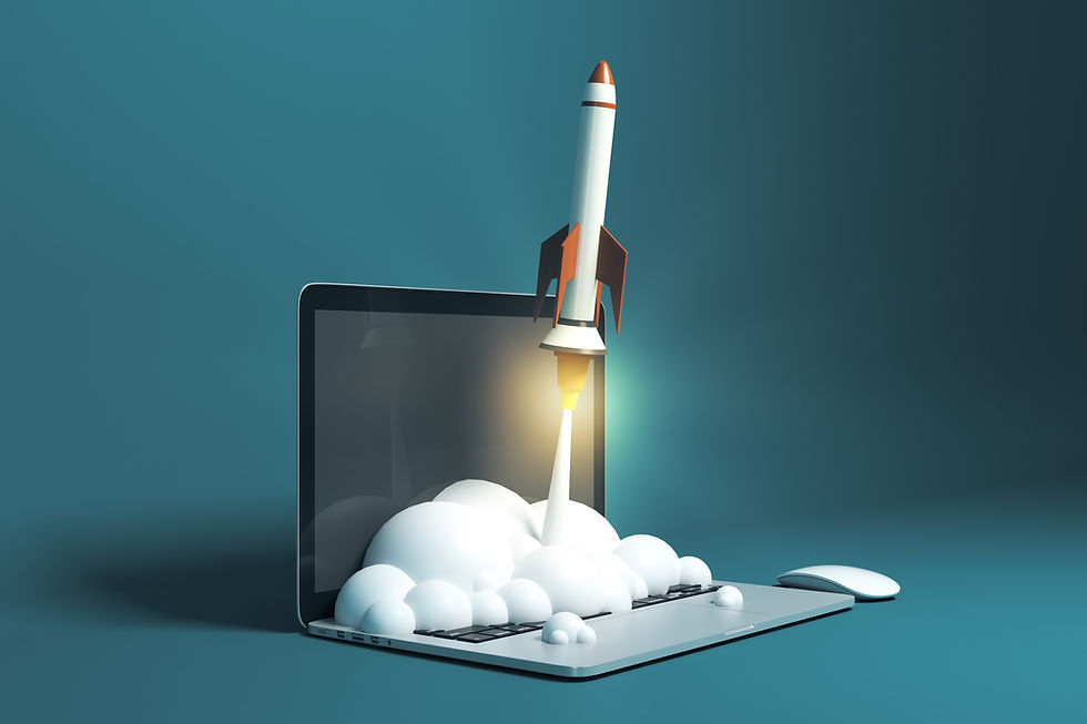 Hand pointing at tablet with digital icons, including rocket and graphs, symbolizing a startup. The word "START-UP" glows prominently.