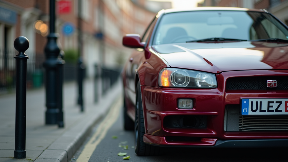 Close-up view of a Japanese imported car parked near London with ULEZ signage