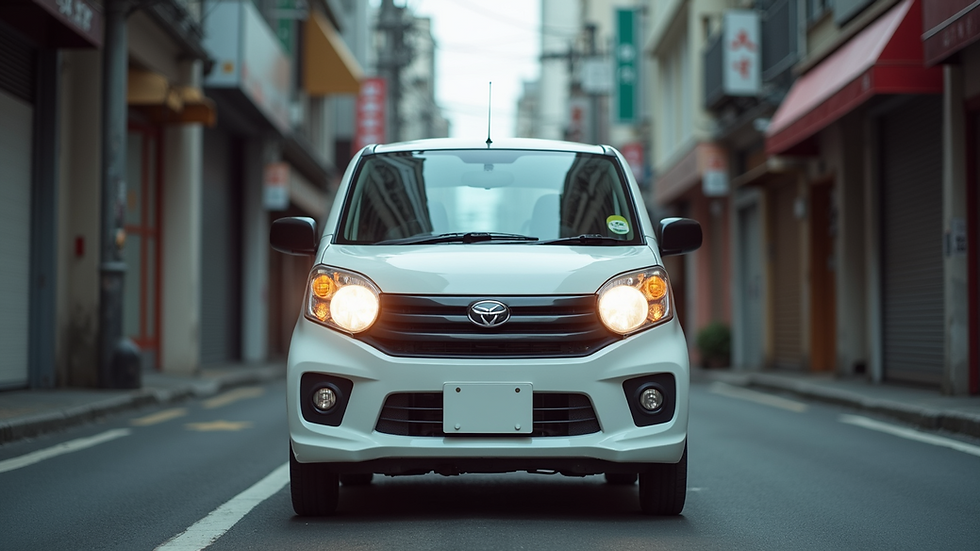 Eye-level view of a compact Japanese kei car parked on a narrow city street