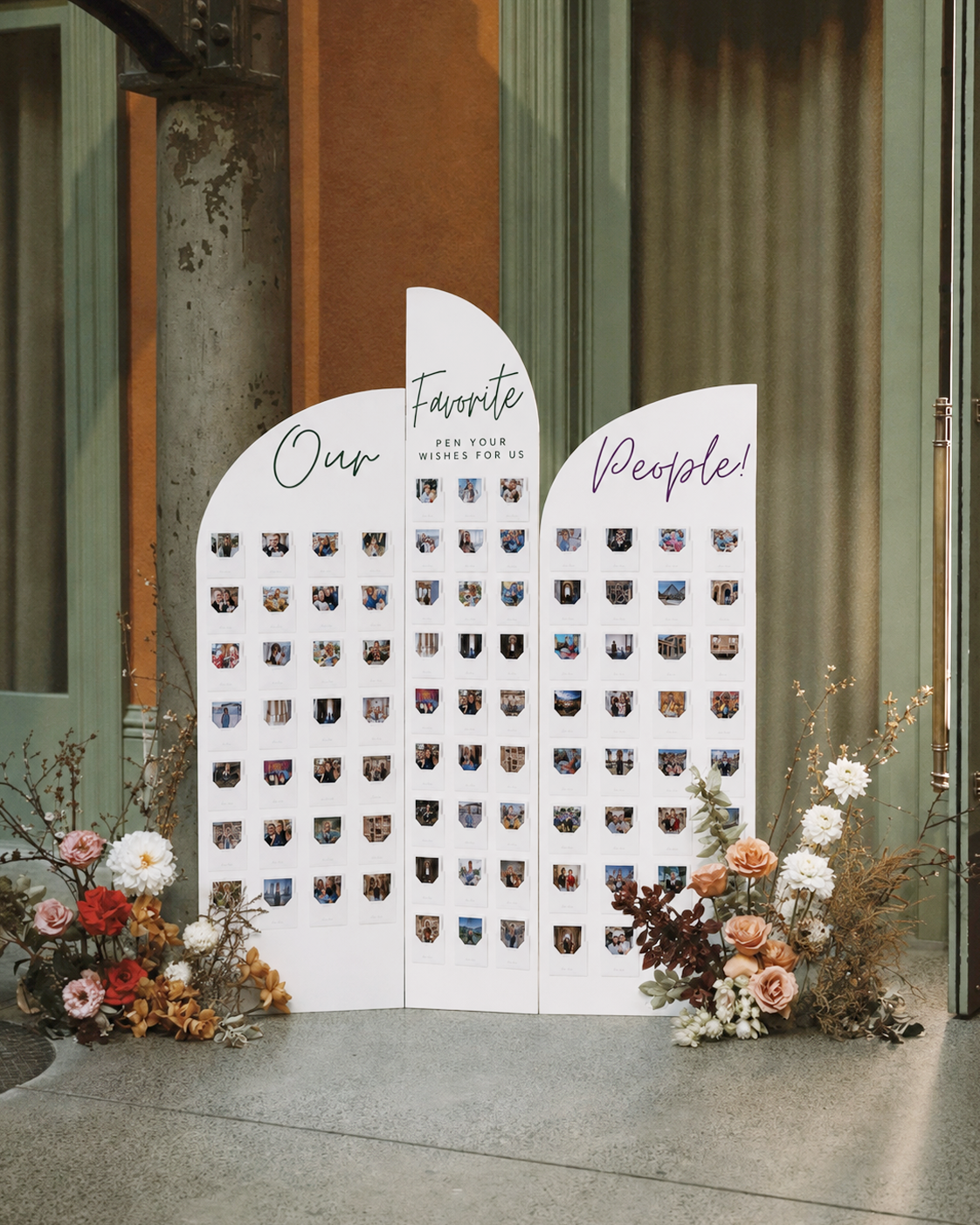 Wedding memory wall with guest envelopes containing photos, names and table numbers for guests to leave well wishes.