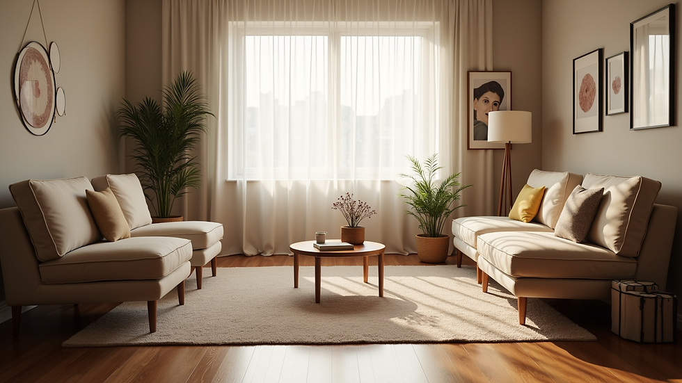 Eye-level view of a cozy therapy room with comfortable chairs