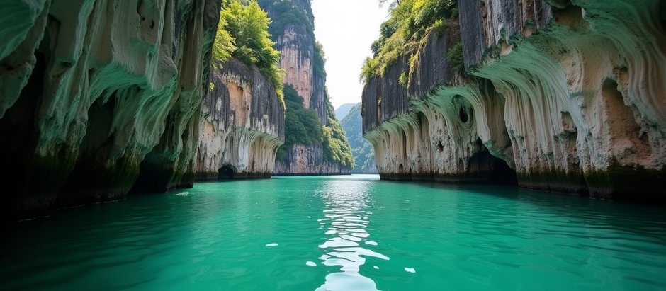 Beautiful emerald waters meeting limestone karsts in Ha Long Bay