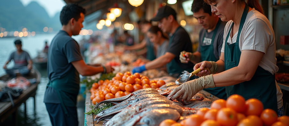 A bustling seafood market filled with fresh catches and enthusiastic vendors.